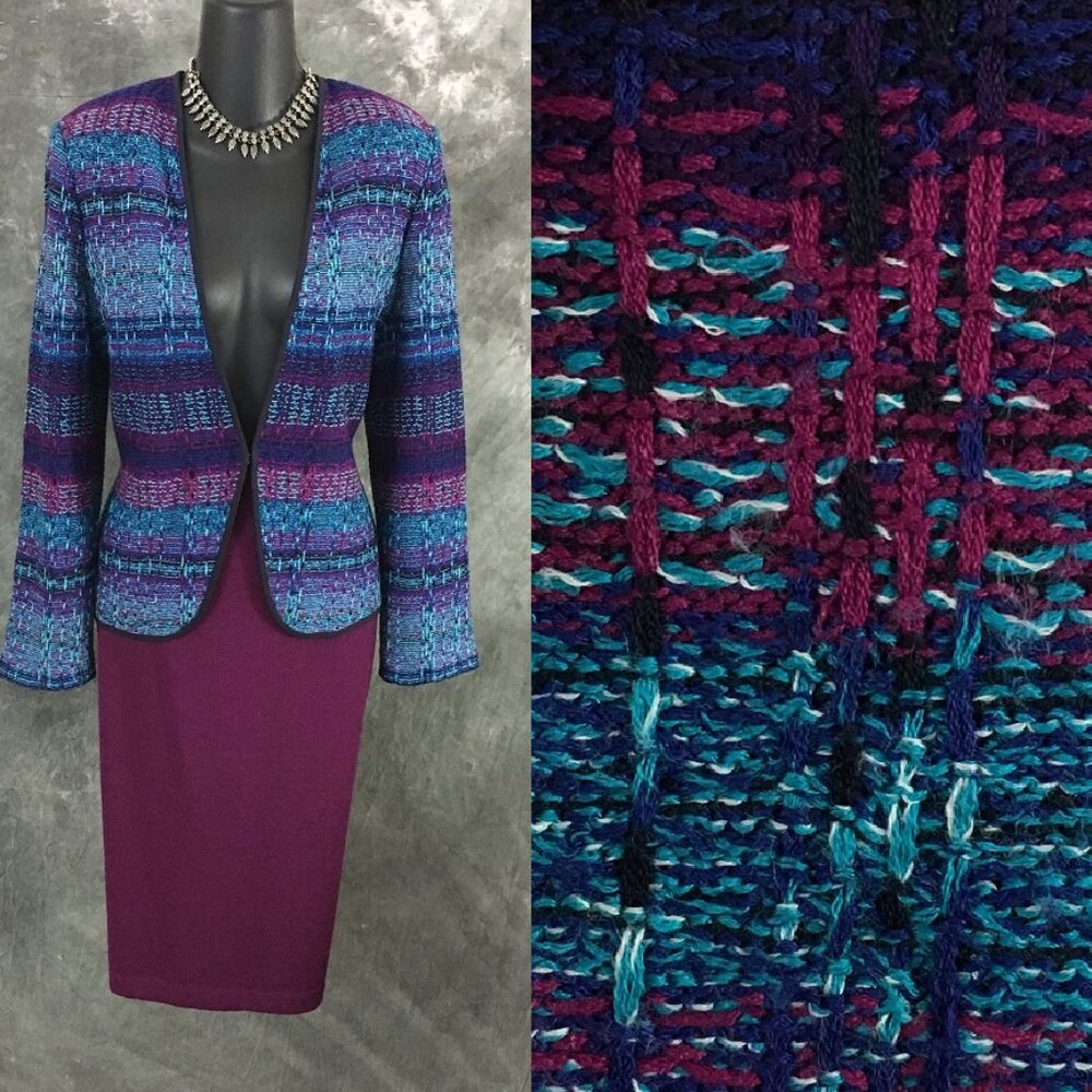 BEAUTIFUL St John knit blue purple multi jacket skirt suit size 8 10